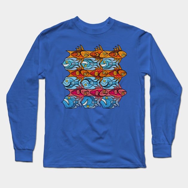 Fish tessellation escher style in red and blue Long Sleeve T-Shirt by Maxsomma